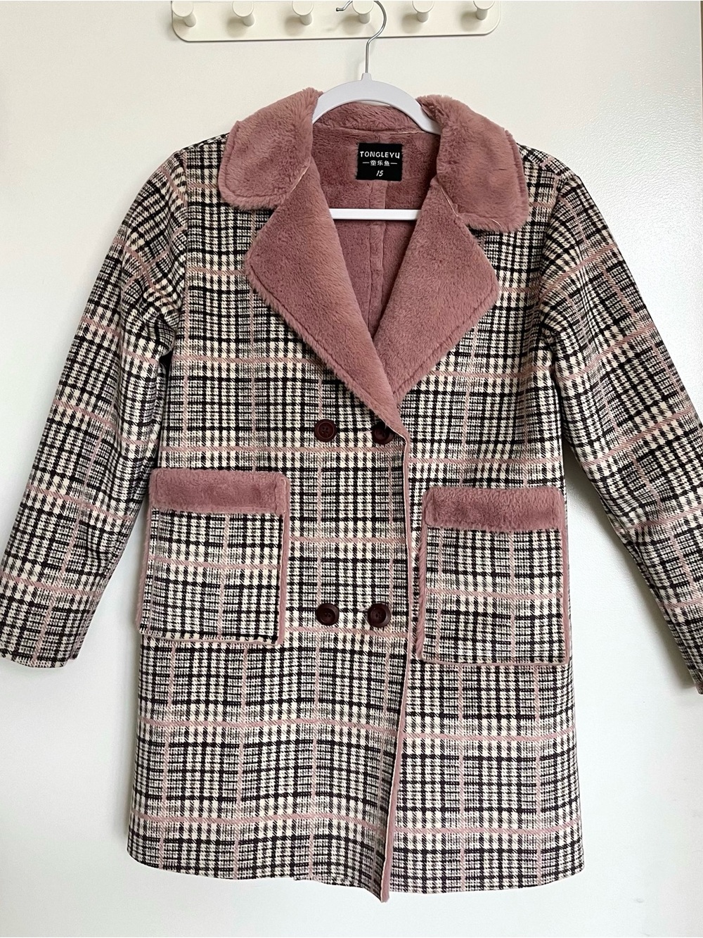 Girl’s Plaid Faux-Fur Trim Coat